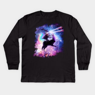 Laser Eyes Outer Space Cat Riding On Llama Unicorn Kids Long Sleeve T-Shirt